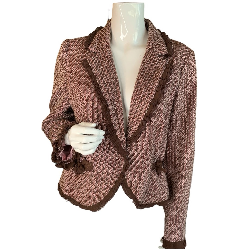 HI STUDIO JONATHAN MARTIN PINK BROWN TWEED CROPPED BLAZER WOMEN’S SIZE 16